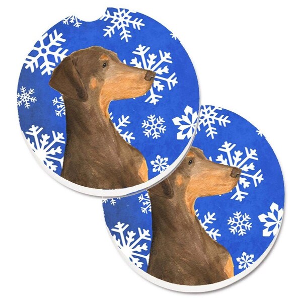 Carolines Treasures Doberman Winter Snowflakes Holiday Set of 2 Cup Holder Car Coaster SS4617CARC - main